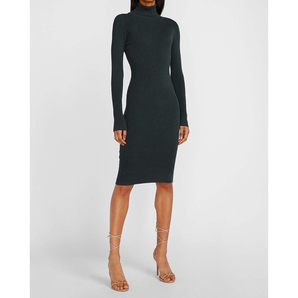 Express Ribbed Turtleneck Midi Sweater Dress in pitch black, size XXS